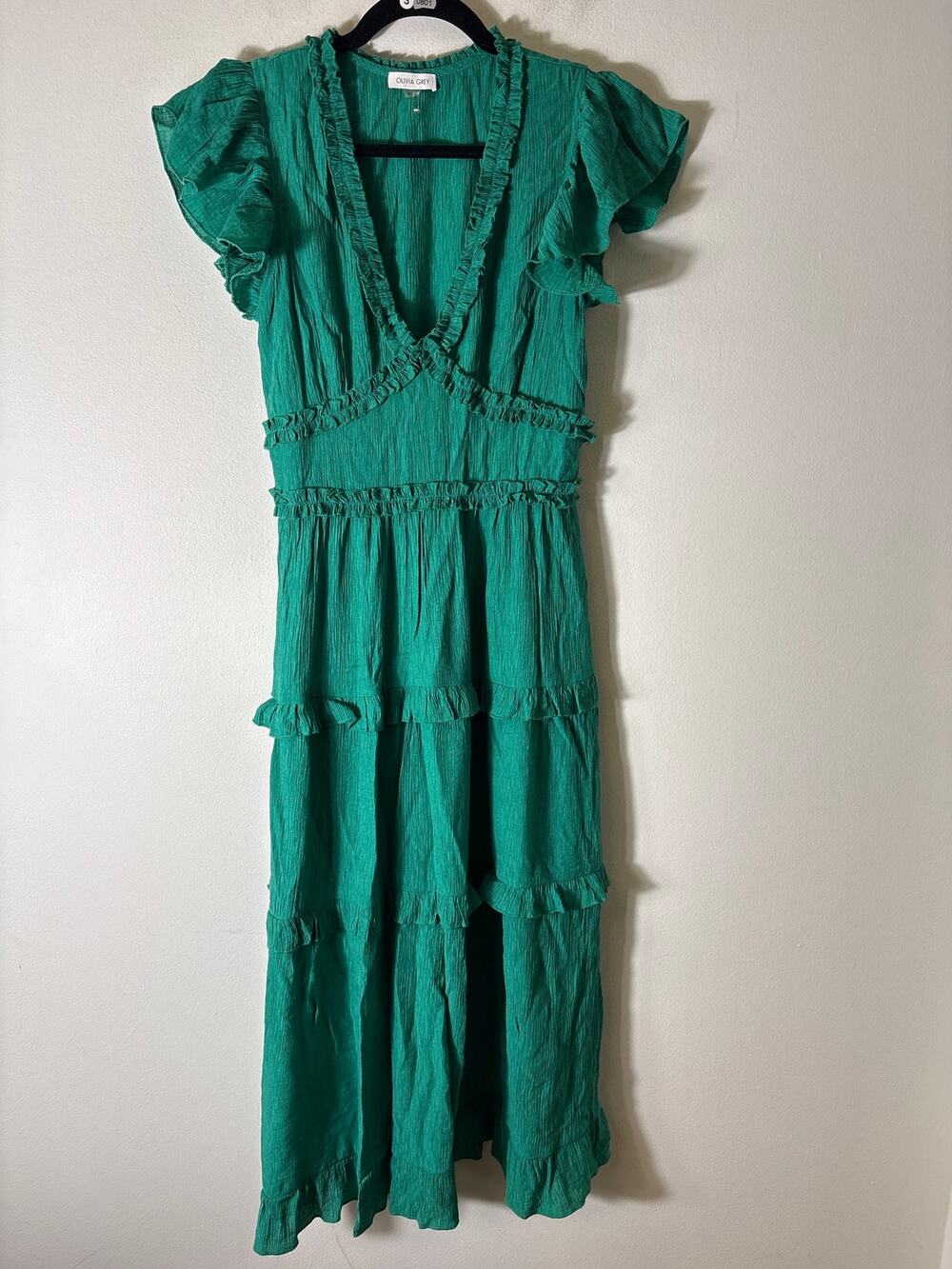 Olivia Grey Green Ruffled V Neck Maxi Dress Sz M